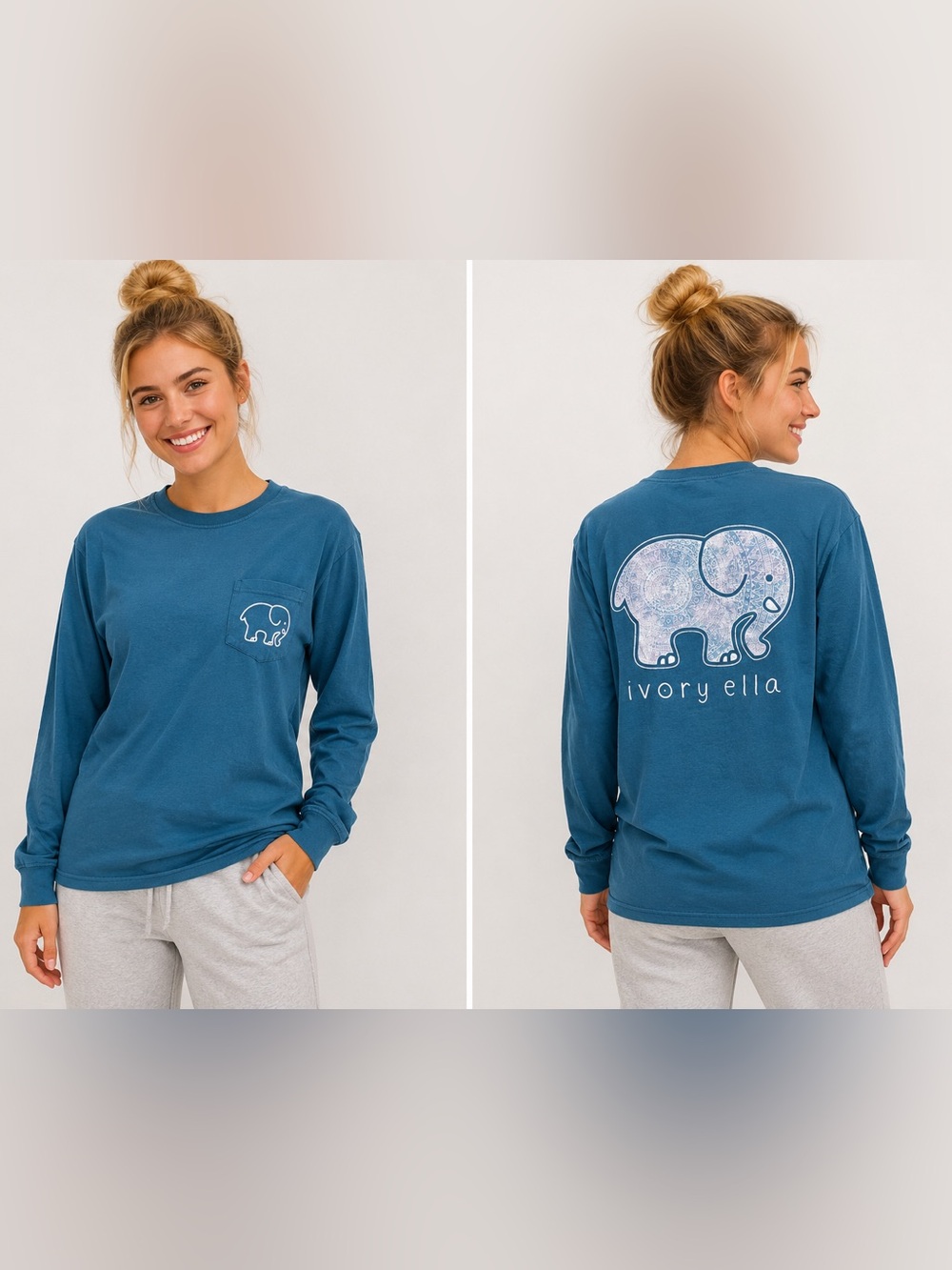 Long Sleeve Blue Ivory Ella Pocket Tee with Elephant Graphic